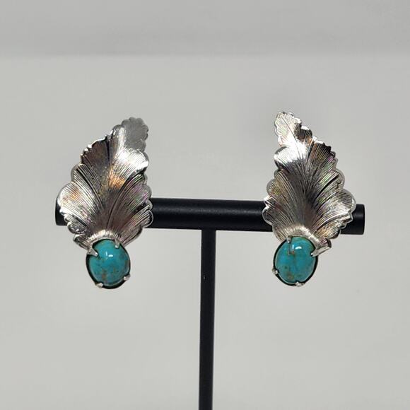 Southwestern Silver Tone Leaf Blue Stone Clipon Earrings Vintage Jewelry Boho - Picture 1 of 4